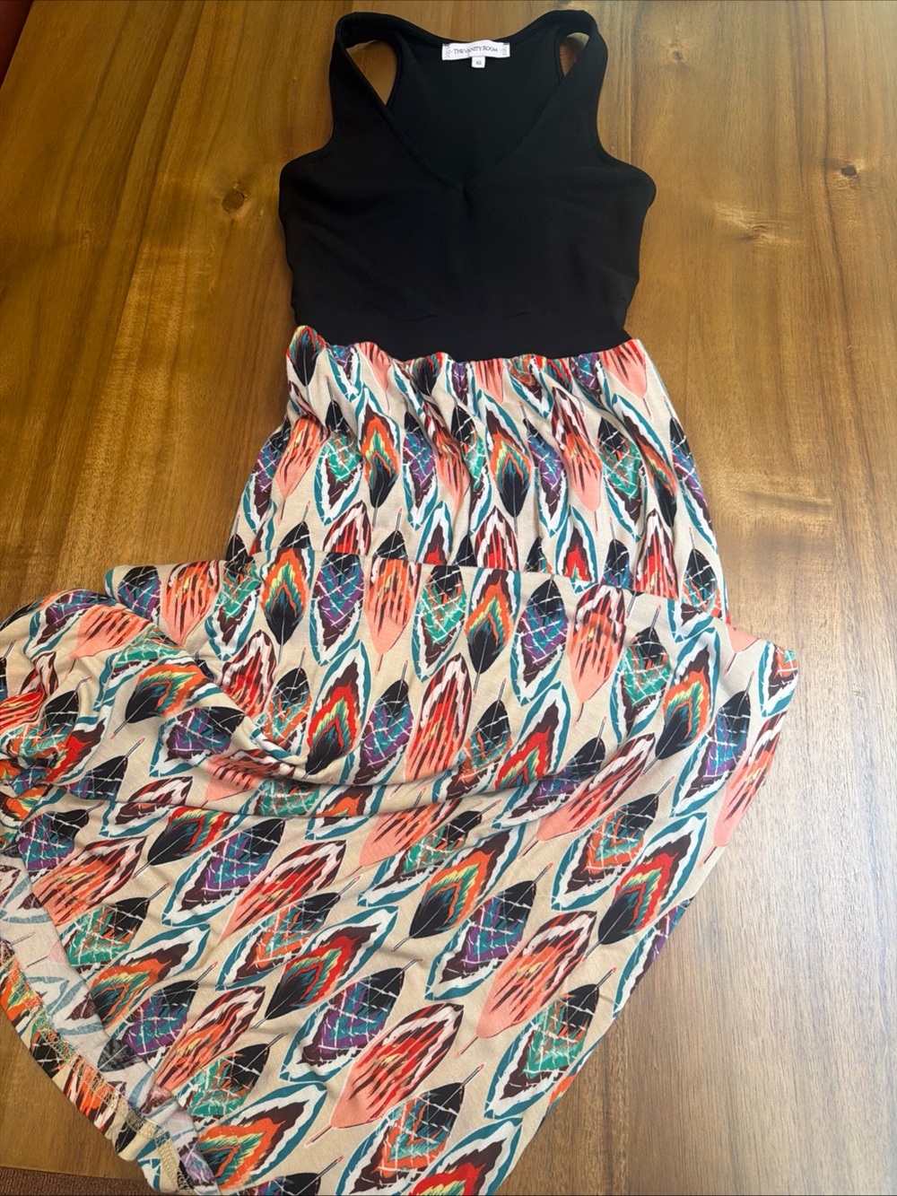 The Vanity Room Feather Print Halter Maxi Dress Black Size XS